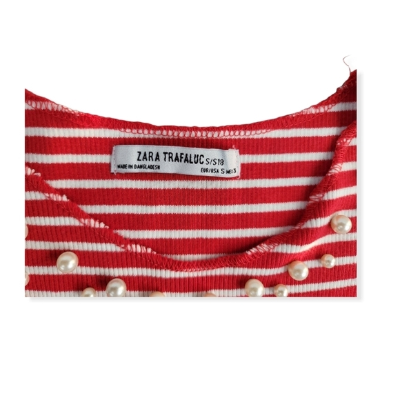 ZARA Trafaluc‎ Cropped Red/White Stripped Top with Pearls - Picture 8 of 11